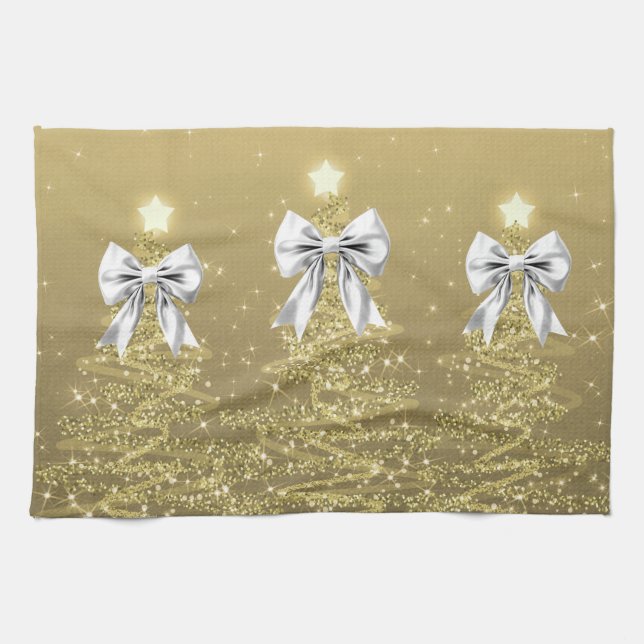 Linge De Cuisine Christmas Sparkling Trees Gold Faux Silver Bow  (Horizontal)