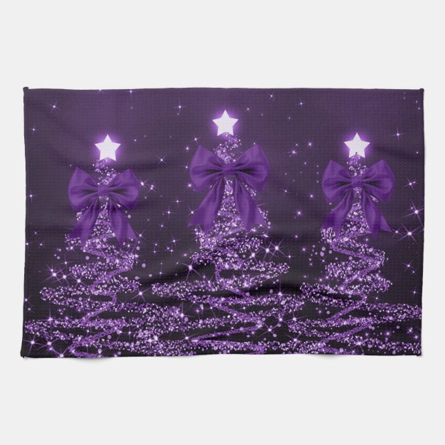 Linge De Cuisine Christmas Sparkling Trees Purple Faux Bow  (Horizontal)