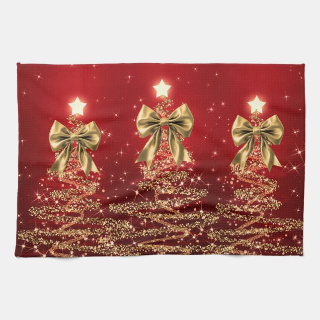Linge De Cuisine Christmas Sparkling Trees Red Gold Faux Bow  (Horizontal)