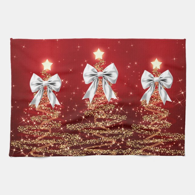Linge De Cuisine Christmas Sparkling Trees Red Gold Silver Bow  (Horizontal)