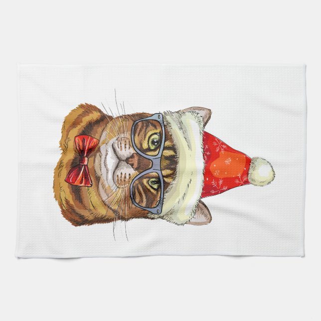 Linge De Cuisine Christmas Tabby Cat  Hand Towel (Horizontal)