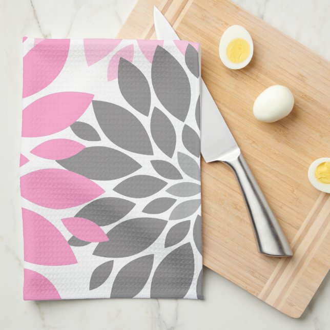 Linge De Cuisine Chrysanthèmes roses et gris Motif floral (Quart Plié)