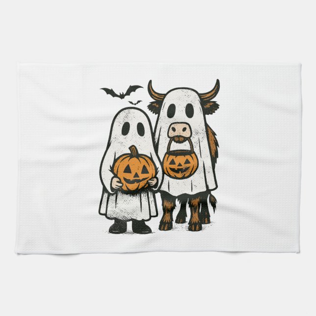 Linge De Cuisine Chute Cute Vache Highland Ghost Halloween 2 (Horizontal)