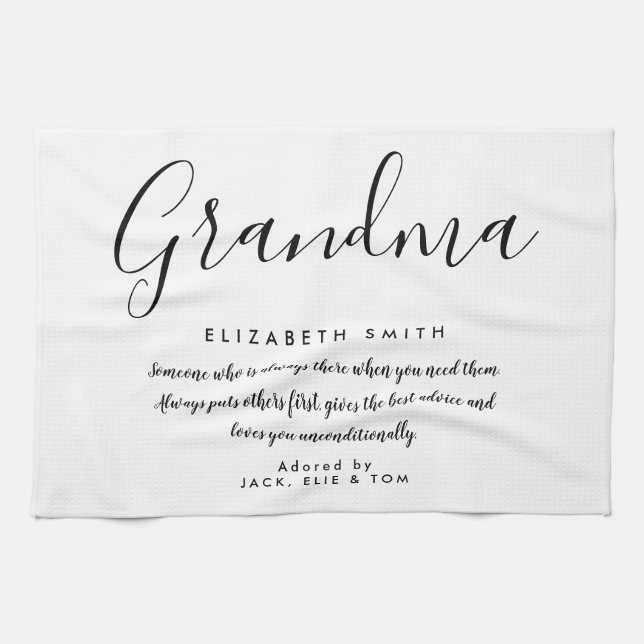 Linge De Cuisine Citation de grand-mère, écriture élégante noir et  (Horizontal)