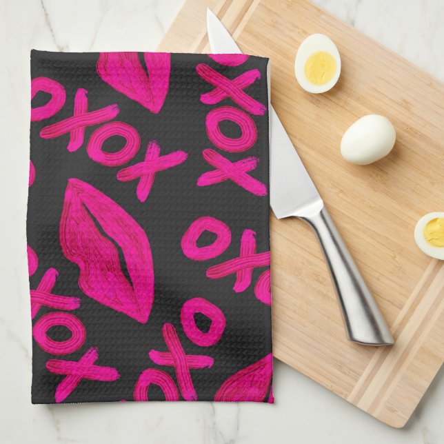Linge De Cuisine Citation XOXO noir Neon rose lèvres Motif (Quart Plié)