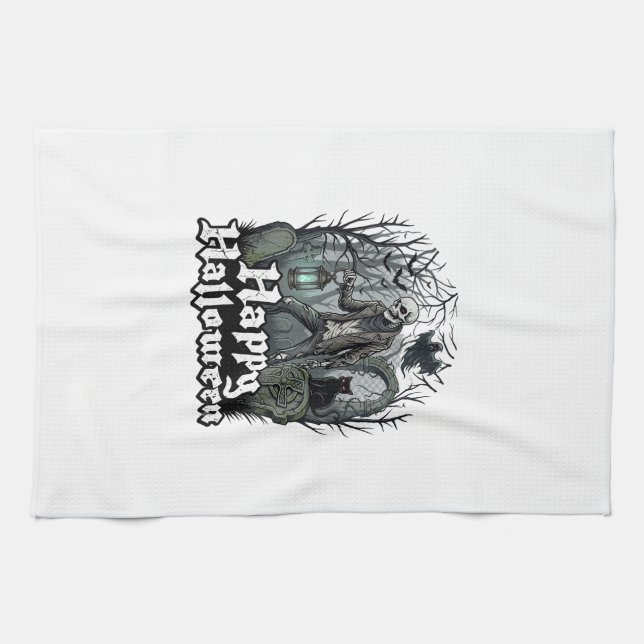 Linge De Cuisine Citerne de squelette de Halloween heureux Chat noi (Horizontal)
