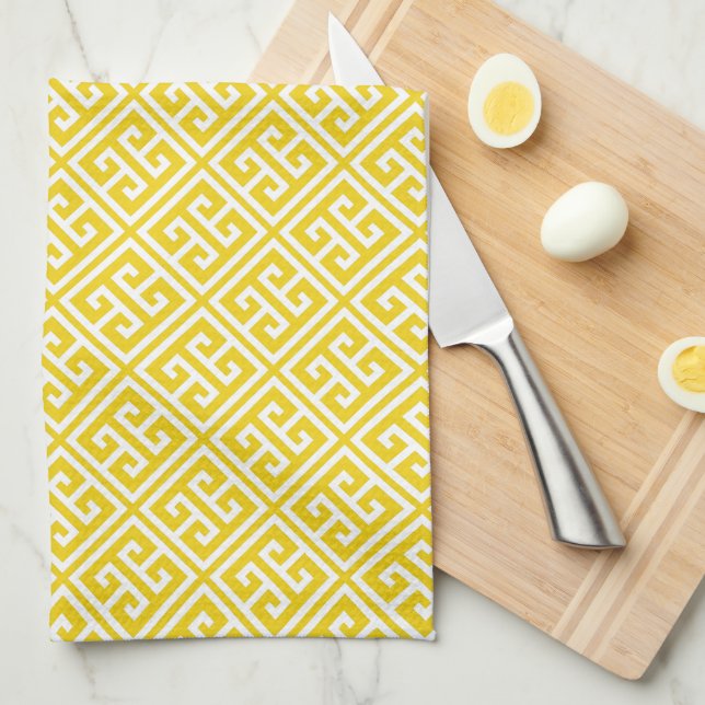 Linge De Cuisine Citron jaune Motif grec (Quart Plié)