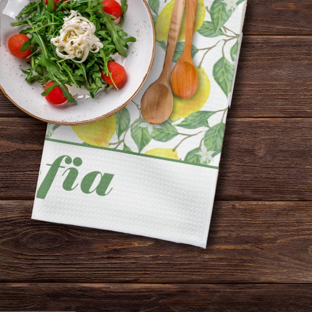 Linge De Cuisine Citron jaune motif nom personnalisé blanc (Créateur téléchargé)