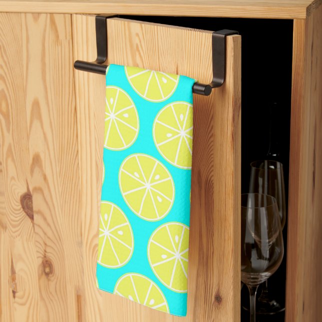 Linge De Cuisine Citron jaune tranché sur fond bleu (Pliage en tiers)
