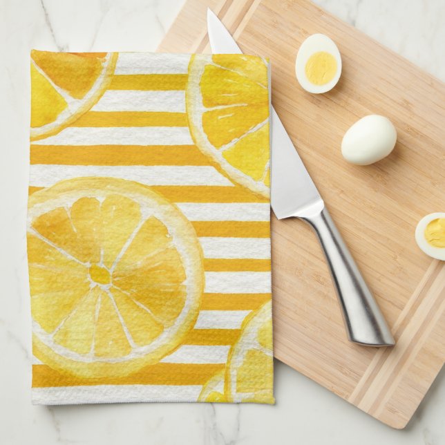 Linge De Cuisine Citrons à l'aquarelle & Rayures (Quart Plié)