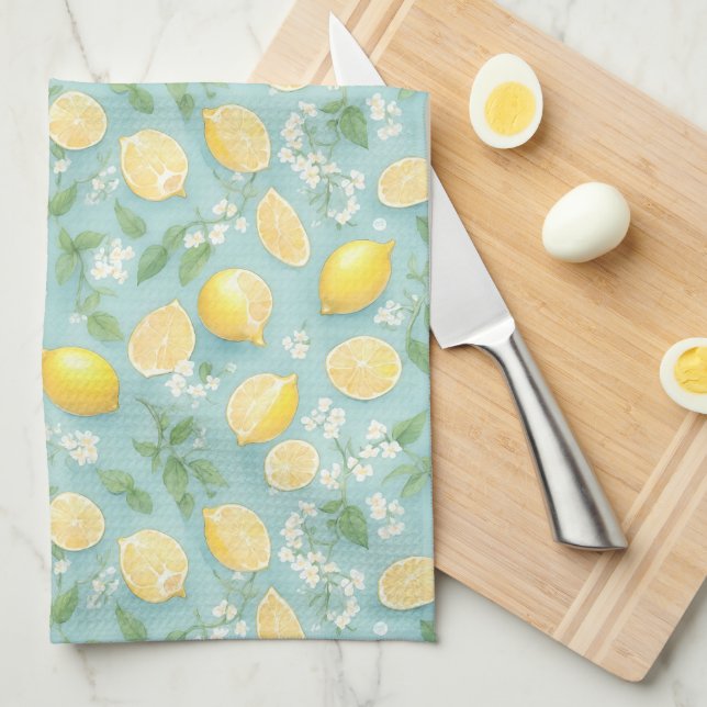 Linge De Cuisine Citrons Aquarelle Motif Mint Floral Lemon (Quart Plié)