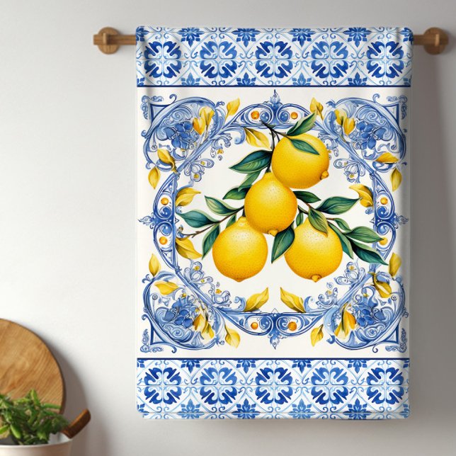 Linge De Cuisine Citrons Carreaux Méditerranéens (Mediterranean blue and white tiles with colorful lemon kitchen towels will brighten and kitchen.)