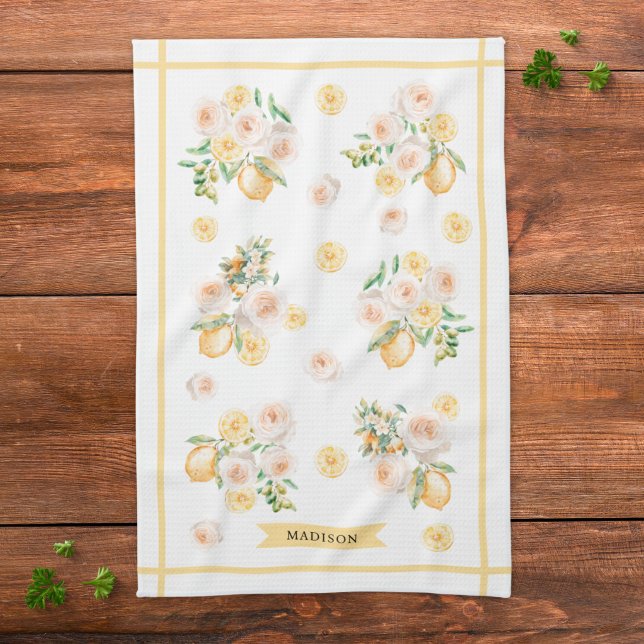 Linge De Cuisine Citrons et fleurs aquarelles monogrammées (Créateur téléchargé)