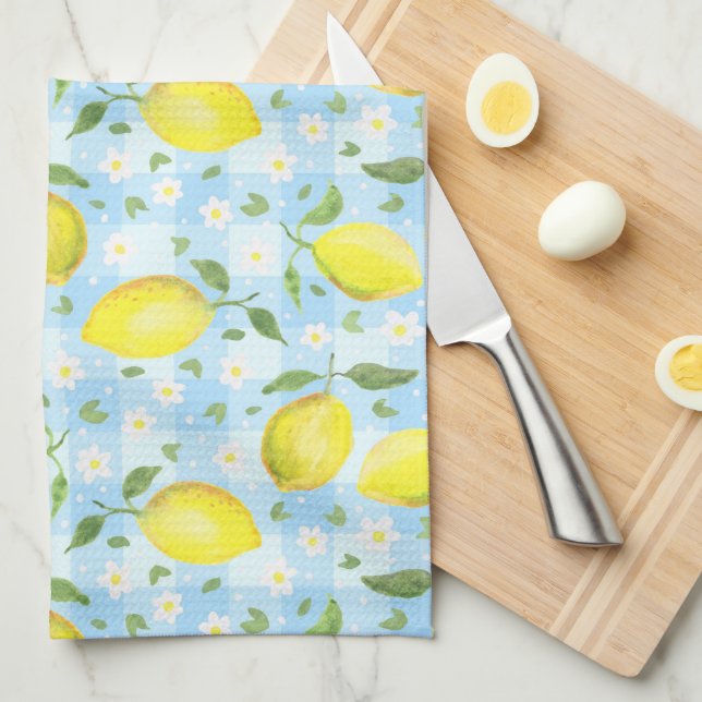 Linge De Cuisine Citrons et Marguerites Carreaux Bleus (Quart Plié)
