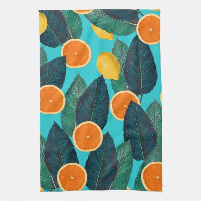 Linge De Cuisine citrons et oranges turquoises (Vertical)
