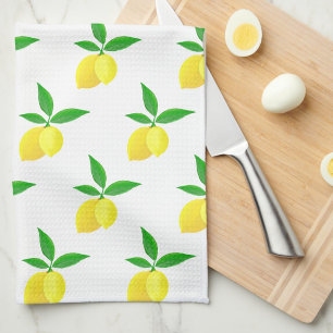 Linge De Cuisine Citrons jaunes feuilles vertes fond blanc