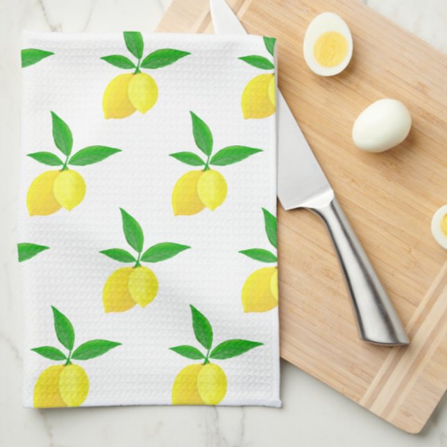 Linge De Cuisine Citrons jaunes feuilles vertes fond blanc (Lemony kitchen towels,)