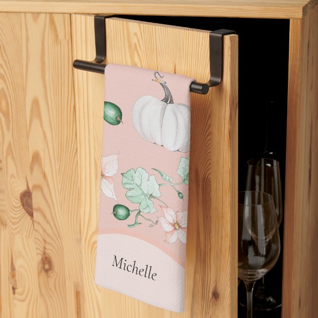 Linge De Cuisine Citrouille blanc Et Fleurs Motif D'Aquarelle (Pliage en tiers)