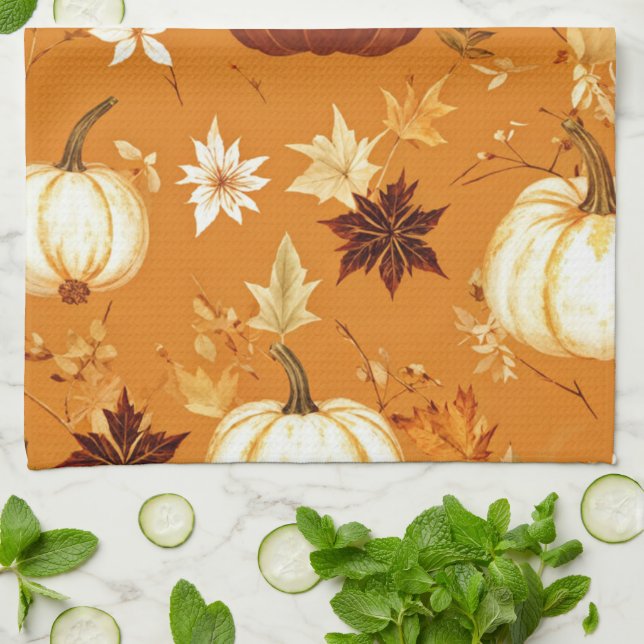 Linge De Cuisine Citrouille Brown Floral Automne et automne Motif (Plié)