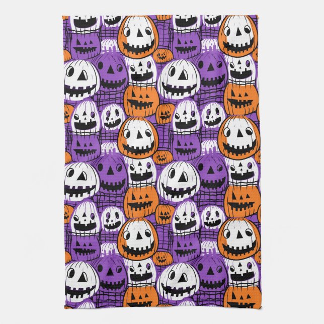 Linge De Cuisine Citrouille de Halloween - Violet, Orange, Blanc (Vertical)