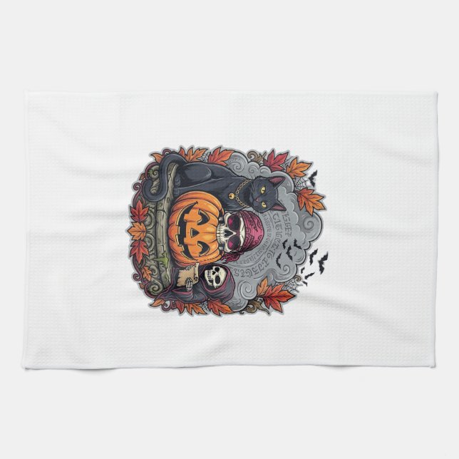 Linge De Cuisine Citrouille d'Halloween Chat Crâne Faucheuse Automn (Horizontal)