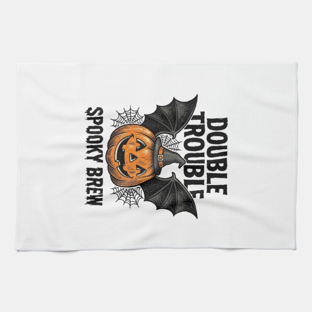 Linge De Cuisine Citrouille d'Halloween Sorcière Double Trouble Vin (Horizontal)