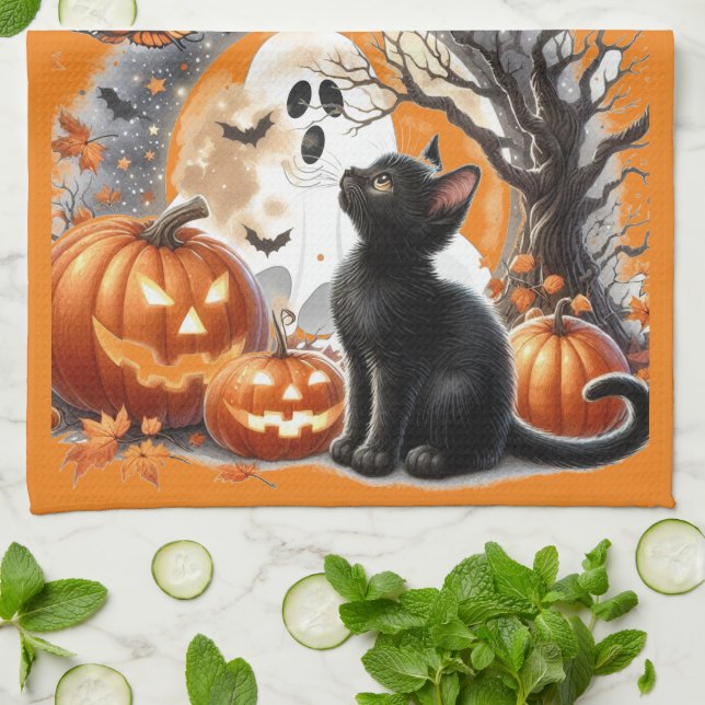 Linge De Cuisine Citrouille et chat de Jack O Lantern Halloween  (Plié)