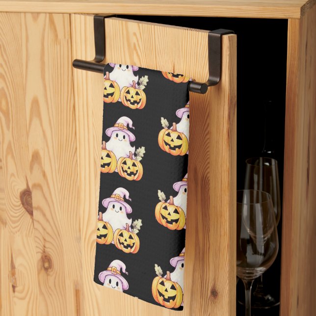 Linge De Cuisine Citrouille fantôme chapeau de sorcière violet moti (Pliage en tiers)