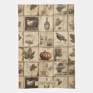 Linge De Cuisine Citrouille feuille d'érable récolte ancienne sépia