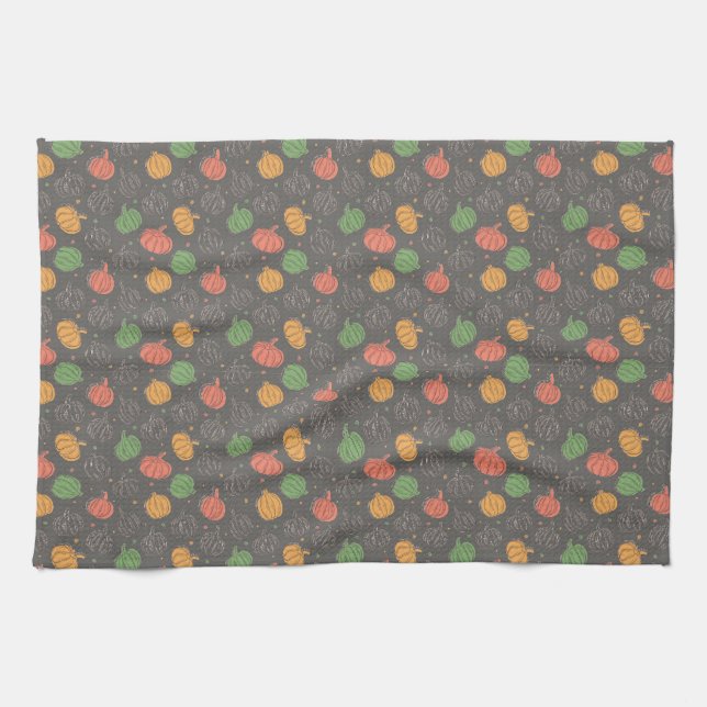 Linge De Cuisine Citrouille Halloween jaune orange gris vert (Horizontal)