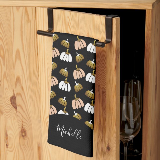 Linge De Cuisine Citrouille Monogramme En Noir, Blush, Blanc, Or (Pliage en tiers)