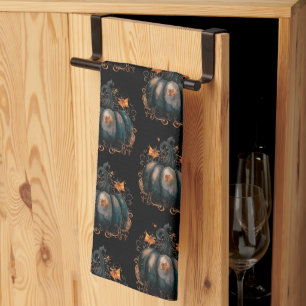 Linge De Cuisine Citrouille noir et or Motif Feuille Halloween