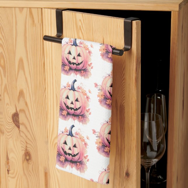 Linge De Cuisine Citrouille Orange Feuilles Blanches Halloween (Pliage en tiers)