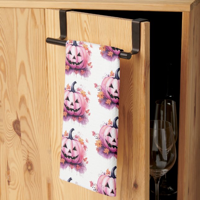 Linge De Cuisine Citrouille Rose Feuilles Orange Blanches Halloween (Pliage en tiers)