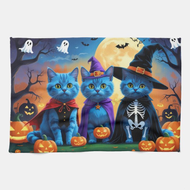 Linge De Cuisine Citrouille russe Blue Cats Halloween drôle (Horizontal)