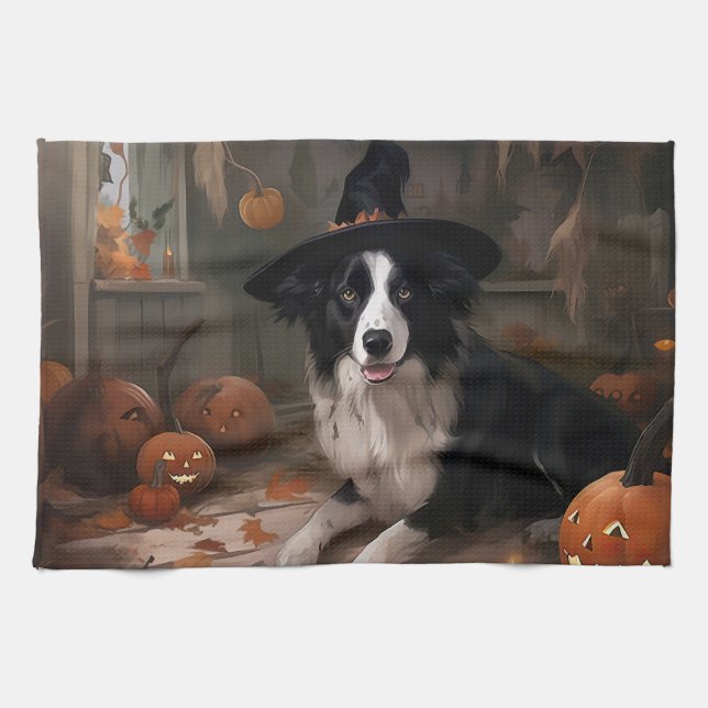 Linge De Cuisine Citrouilles Border Collie Halloween Épouvantable  (Horizontal)