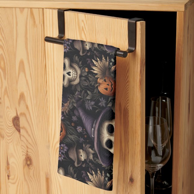 Linge De Cuisine Citrouilles Crânes Fleurs Halloween  (Pliage en tiers)