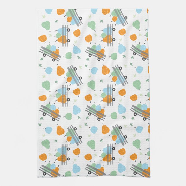 Linge De Cuisine Citrouilles Dans Un Motif Wagon Blue Orange (Vertical)