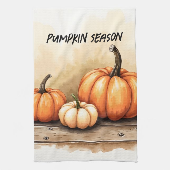 Linge De Cuisine Citrouilles d'automne sur une table en bois (Vertical)