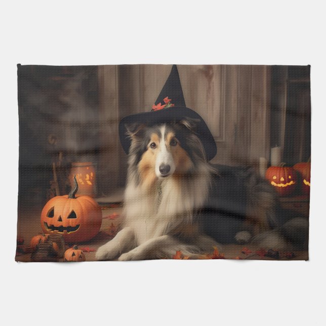 Linge De Cuisine Citrouilles de Shetland Sheepdog Halloween effraya (Horizontal)