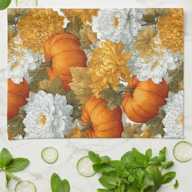 Linge De Cuisine Citrouilles et chrysanthèmes Automne Design (Plié)