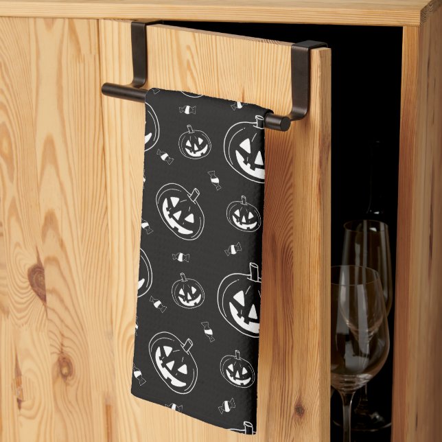 Linge De Cuisine Citrouilles noires et blanches Halloween noir (Pliage en tiers)