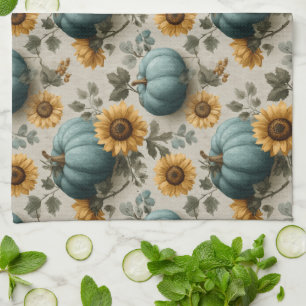Linge De Cuisine Citrouilles turquoises et tournesols d'or