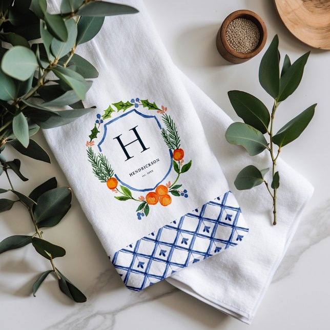 Linge De Cuisine Citrus Botanique Noël | Monogramme du nom de famil (Créateur téléchargé)