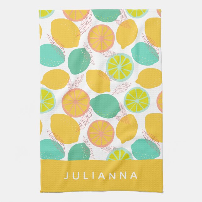 Linge De Cuisine Citrus citron Motif en Jaune Turquoise Personnalis (Vertical)