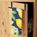 Linge De Cuisine Citrus Lemon Botanogramme Marine Bleu<br><div class="desc">Ce design comprend un motif citron à agrumes avec un carré de marine monogramme sur chaque bord</div>