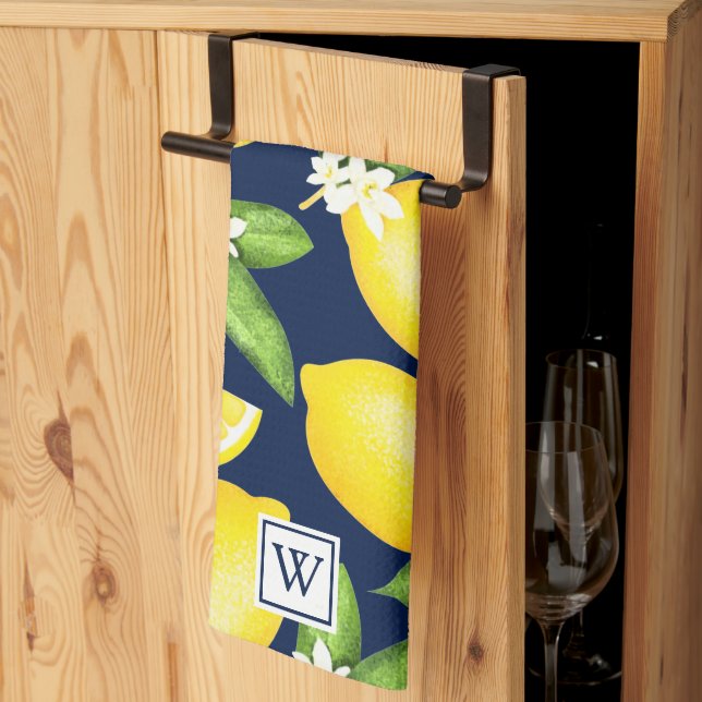 Linge De Cuisine Citrus Lemon Botanogramme Marine Bleu (Pliage en tiers)