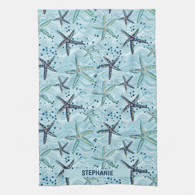 Linge De Cuisine Clair bleu et or Starfish sur Ocean Wave Motif (Vertical)