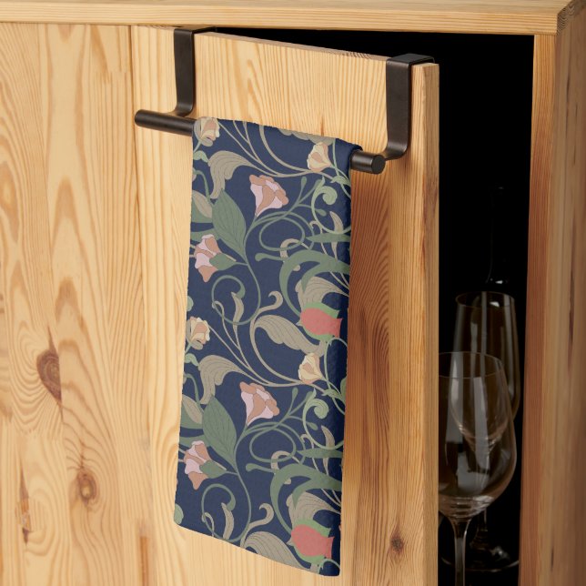 Linge De Cuisine Classic Bleu Art Nouveau Motif Floral (Pliage en tiers)