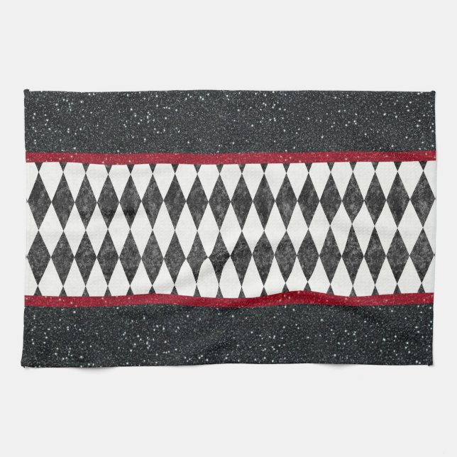 Linge De Cuisine Classic noir blanc rouge arlequin Jacquard diamant (Horizontal)